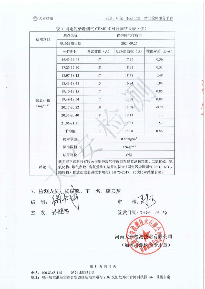 新乡市三鑫科技有限公司-废气在线比对-12